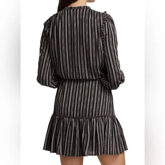 Paige Kaylynn Mini Black Multi Dress Striped Pleated V-Neck Blouse Size S - Picture 5 of 12
